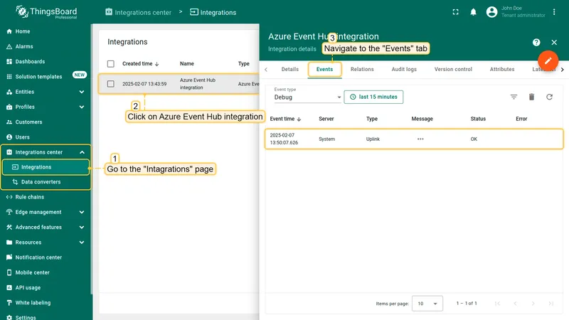 ThingsBoard Integrations page with Azure Event Hub integration selected and Events tab showing an Uplink event with status OK