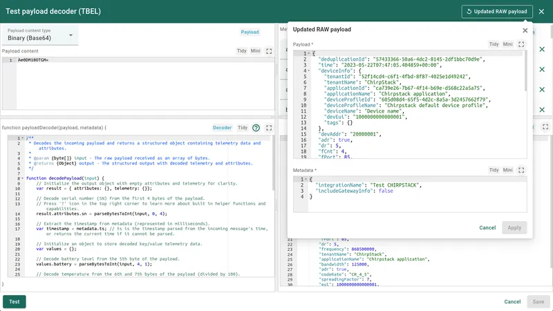 Updated RAW payload panel — full incoming ChirpStack message structure
