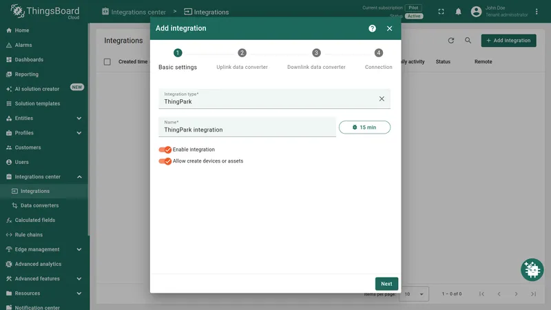 Add integration — Basic settings: Integration type ThingPark, name, enable integration and allow create devices toggles