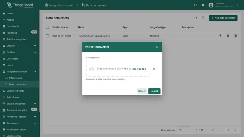 Import converter dialog with downlink converter JSON file