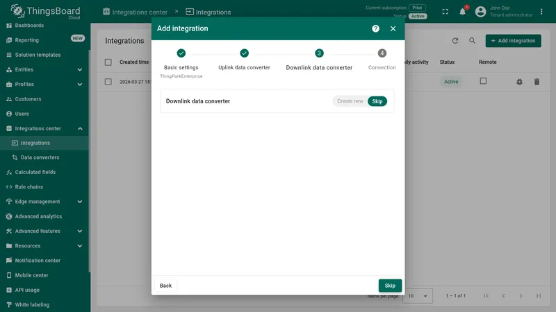 Add integration wizard — Downlink data converter step: Skip button highlighted