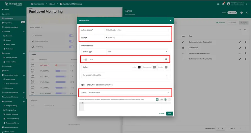 Configure action source, name, icon and type