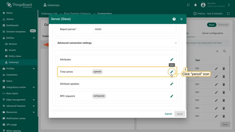 Click the pencil icon to open time series configuration