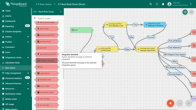 Root Rule Chain in edit mode — node panel open with Integration Downlink node highlighted and tooltip: Pushes downlink message to selected integration