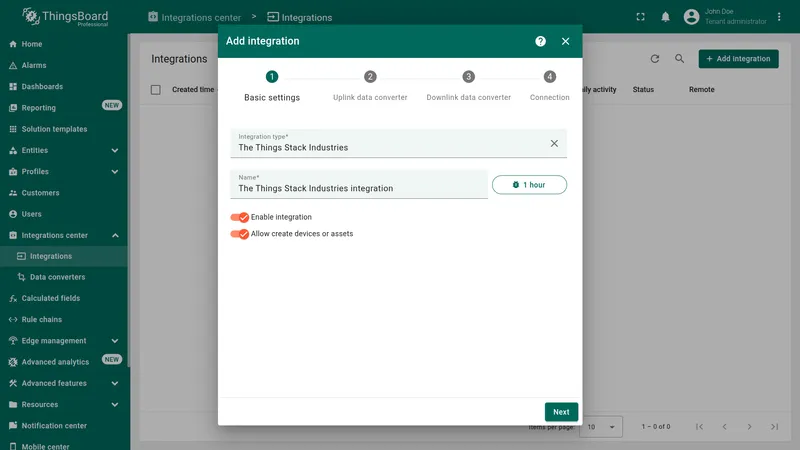 Add integration wizard — Basic settings with Integration type set to The Things Stack Industries