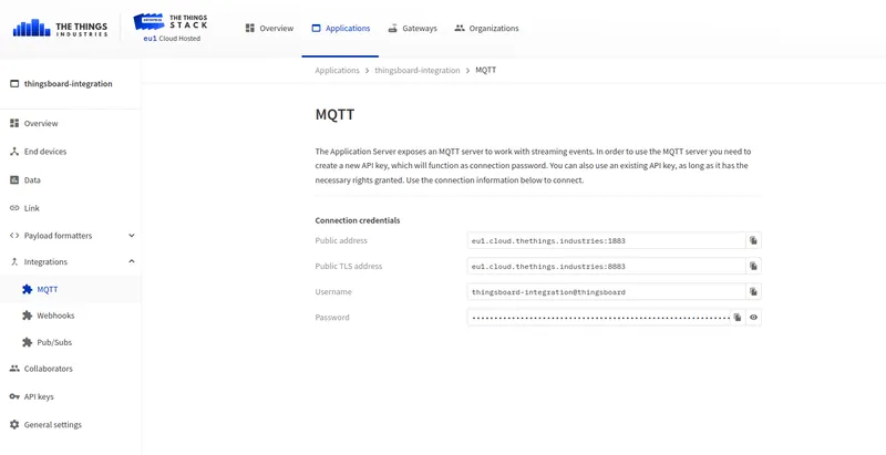 TTI console MQTT integration page showing connection credentials
