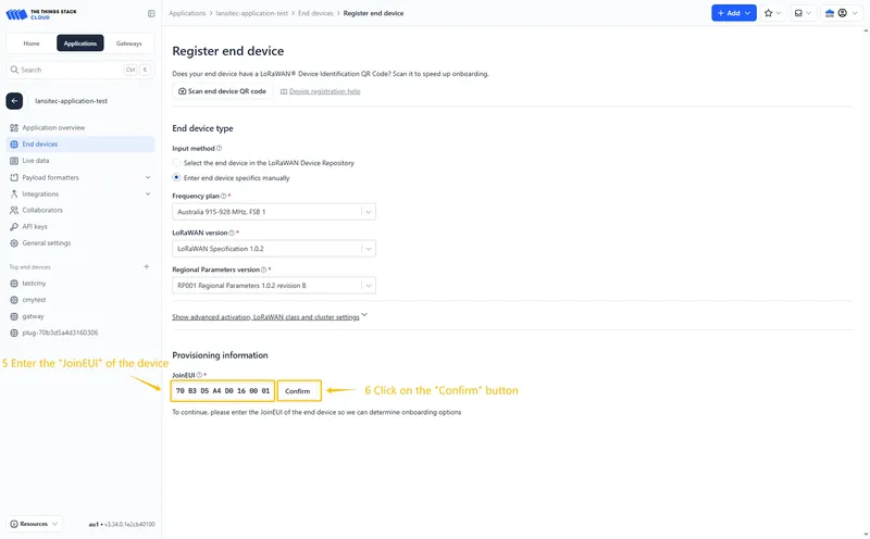Put the **APP EUI** value to the **JoinEUI** field. Then, press the **Confirm** button.