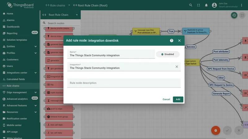 Add rule node dialog — integration downlink: Name and Integration fields filled in