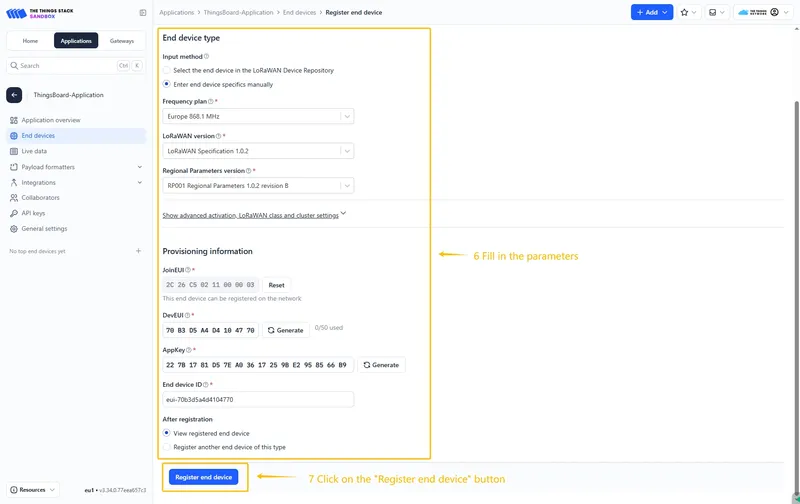 Fill the rest parameters and press **Register end device** button.