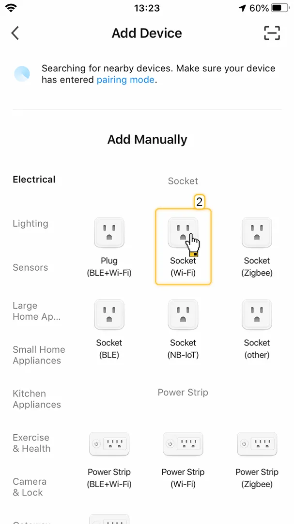 Smart Life app Add Device screen — device category list with Socket (Wi-Fi) highlighted under Electrical