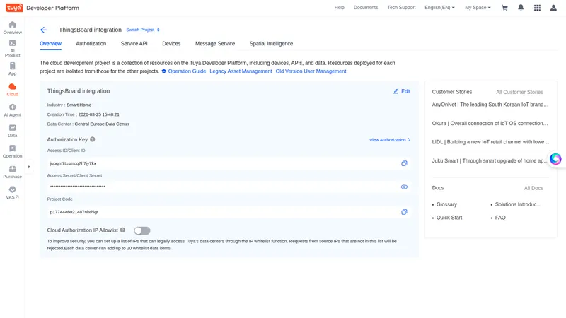 Tuya cloud project Overview page showing Access ID/Client ID and Access Secret/Client Secret credentials
