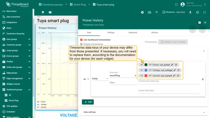 ThingsBoard widget editor — time series data keys for Power History widget with voltage, current and power fields