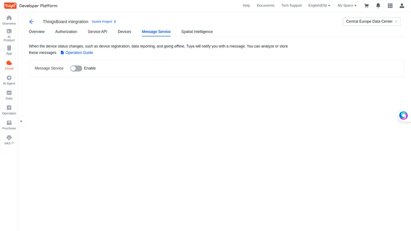 Tuya cloud project — Message Service tab with Message Service toggle in disabled state