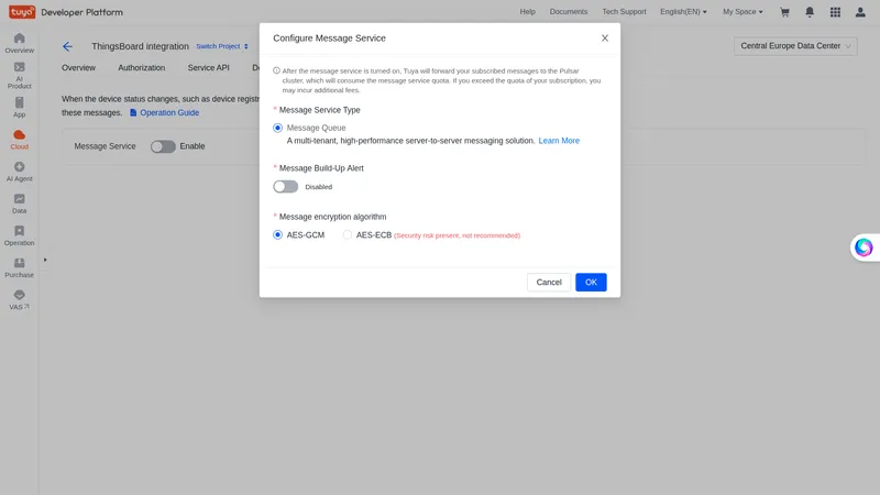 Configure Message Service dialog — Message Queue type selected, Message Build-Up Alert, AES-GCM encryption algorithm