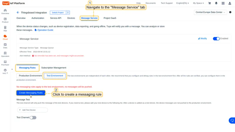 Tuya IoT Platform Message Service tab showing Production Environment and Test Environment tabs
