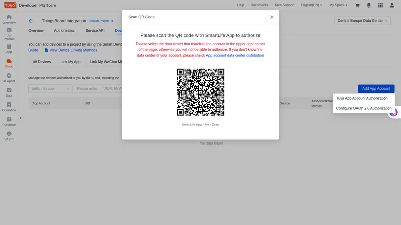 Scan QR Code dialog — QR code displayed with instruction to scan using SmartLife App