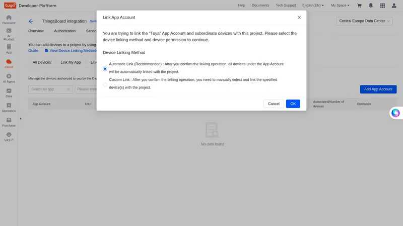 Link App Account dialog — Device Linking Method with Automatic Link selected