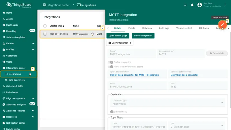 Integrations page with MQTT integration open in read mode and Toggle edit mode button highlighted