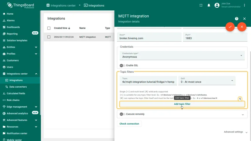Integration edit mode scrolled to Topic filters section with Add topic filter button highlighted