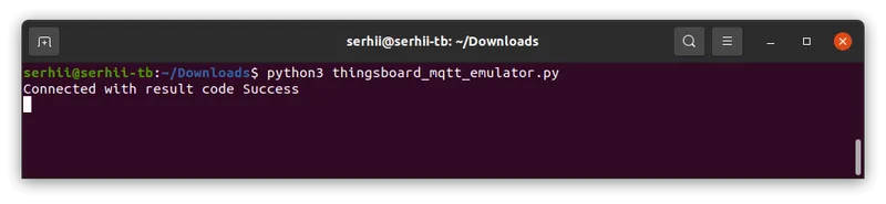 Terminal showing the device emulator started with output: Connected with result code Success