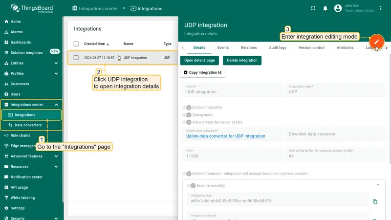 Integrations center → Integrations list with UDP integration selected; details panel open, pencil icon highlighted