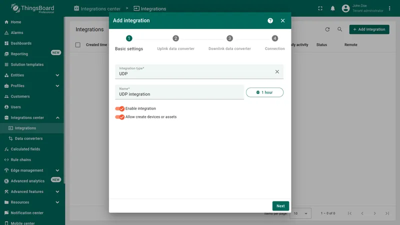 Add integration wizard — Basic settings: Integration type UDP, name UDP integration, Enable integration and Allow create devices or assets on
