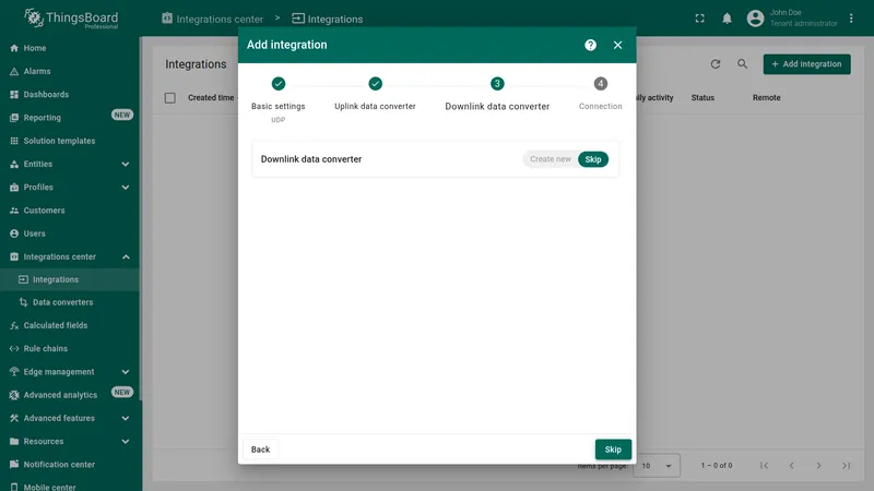 Add integration wizard — Downlink data converter: field empty, Skip button