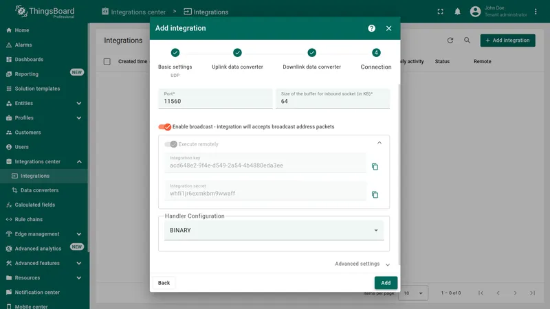 Add integration wizard — Connection: port 11560, Execute remotely enabled, Integration key and secret, Handler Configuration BINARY