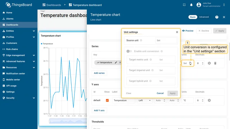 Unit settings dialog in widget configuration