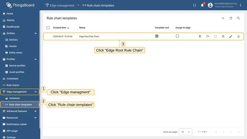 Open Edge Root Rule Chain in Rule chain templates
