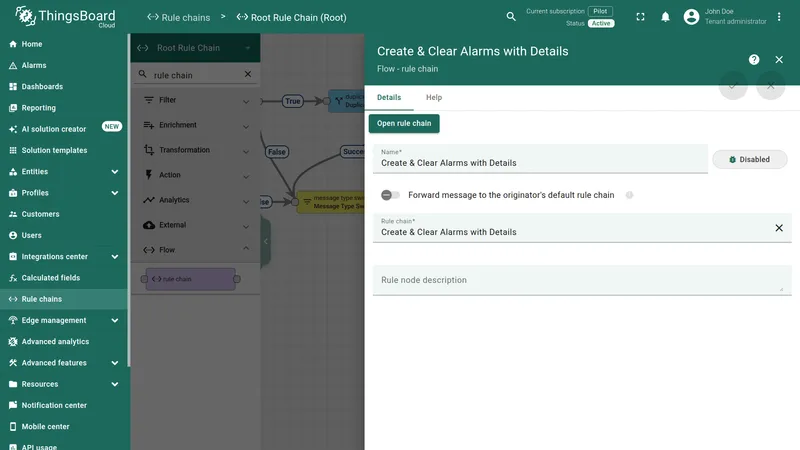 Rule chain configuration for Create & Clear Alarms with Details