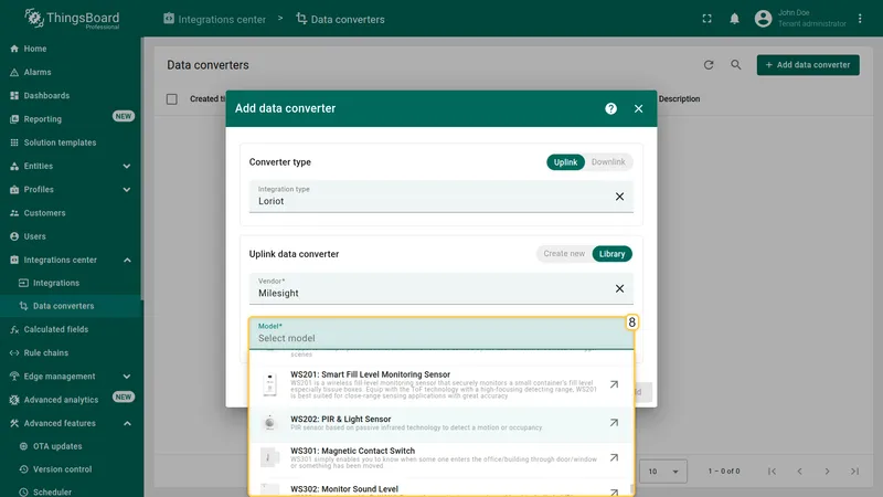 Model dropdown listing Milesight sensor models with descriptions
