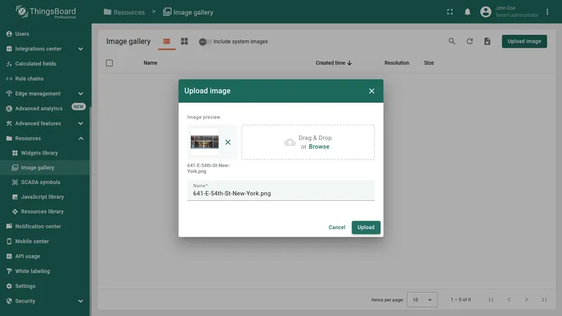 Upload image dialog with drag-and-drop area and preview