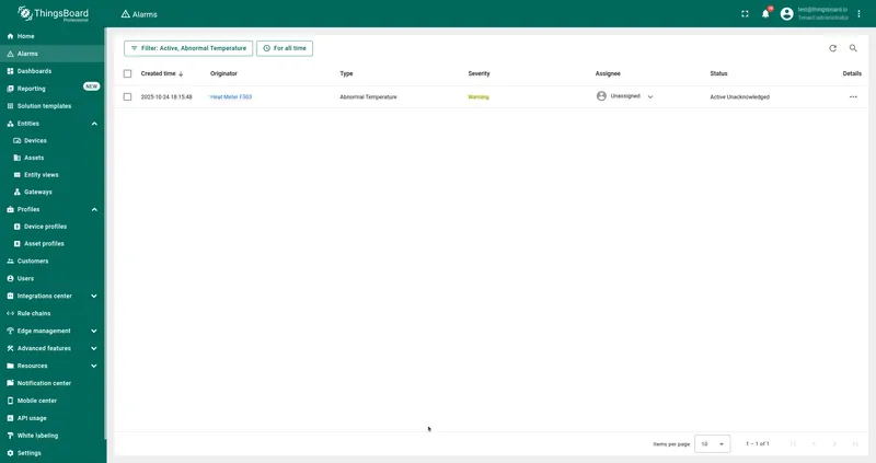 ThingsBoard alarms list showing an alarm triggered by the calculated telemetry