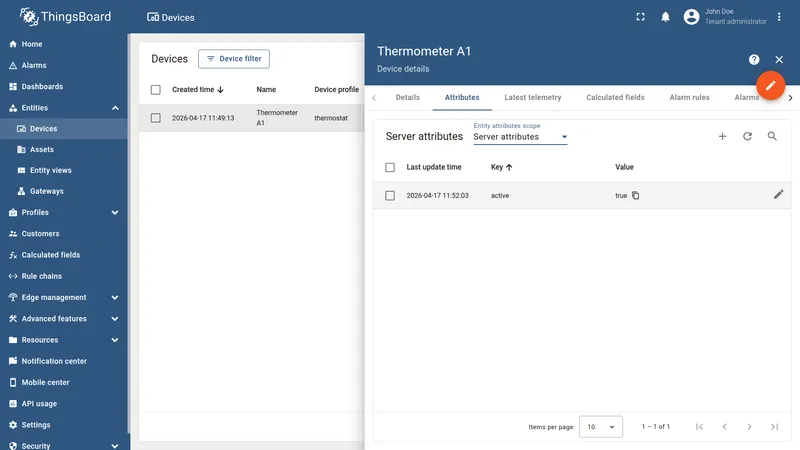 Thermometer A1 server attributes showing active attribute
