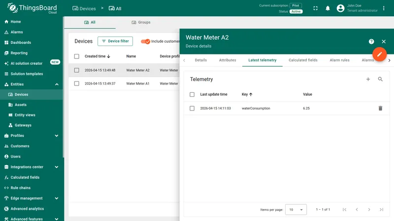 Water Meter A2 latest telemetry showing waterConsumption 6.25
