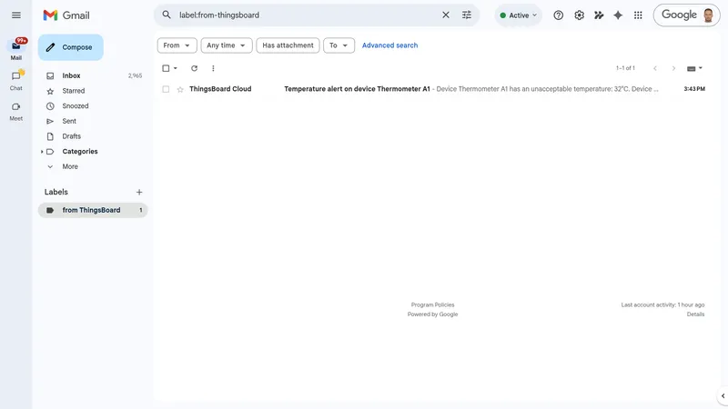 Gmail inbox showing an email from ThingsBoard Cloud with subject Temperature alert on device Thermometer A1