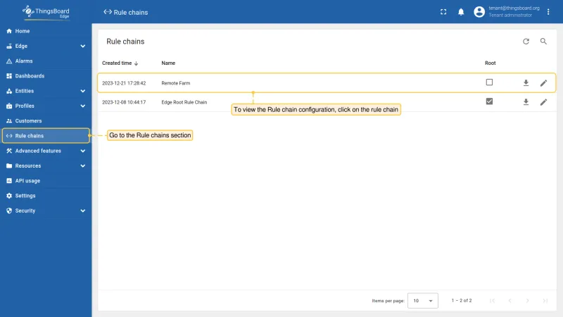 Rule chains section on Edge showing the assigned rule chain