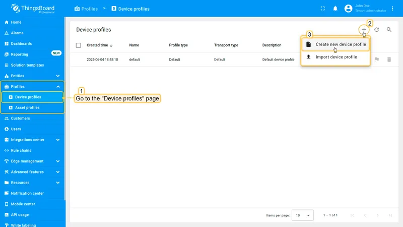 Navigate to **Device profiles** page under the **Profiles** section, click the "**plus**" button, and then select "**Add new device profile**" from drop-down menu.