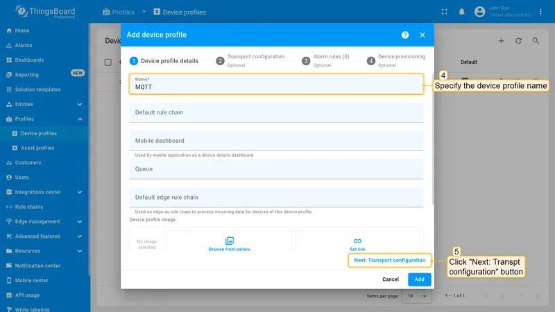 Enter **MQTT** as the device profile name. Click "**Next: Transport configuration**" button.