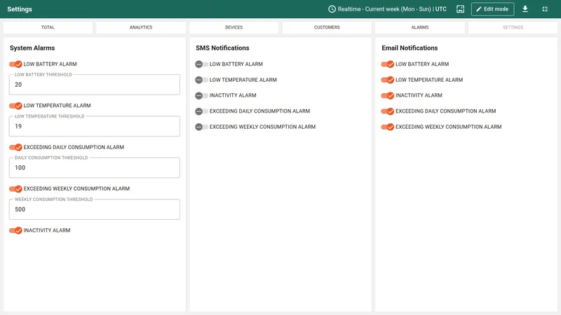 Settings tab with alarm and notification configuration