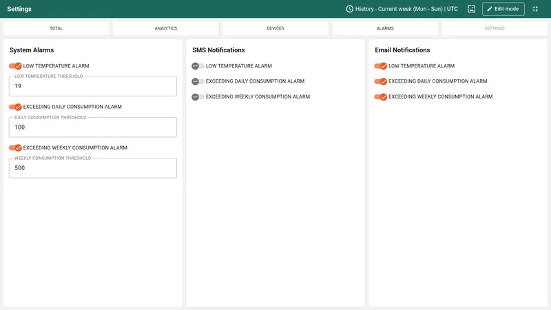 Settings tab with alarm and notification configuration