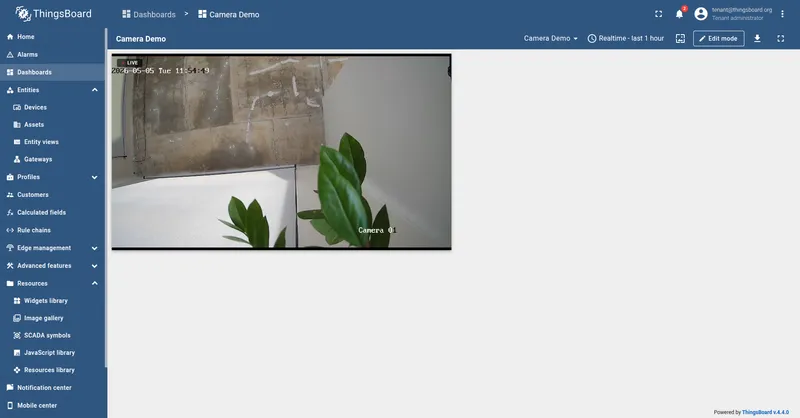Camera Demo dashboard in view mode with the WebRTC Video Stream widget playing the same live feed. A pulsing red LIVE badge is visible in the top-left corner of the widget.