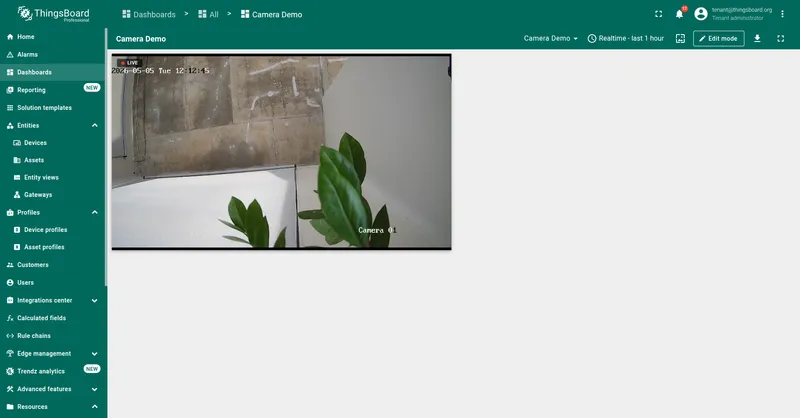 Camera Demo dashboard in view mode with the WebRTC Video Stream widget playing the same live feed. A pulsing red LIVE badge is visible in the top-left corner of the widget.