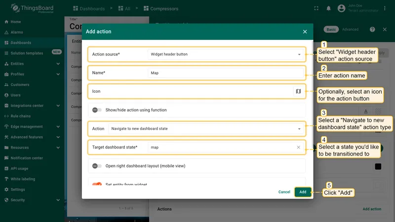 Configure widget header button action