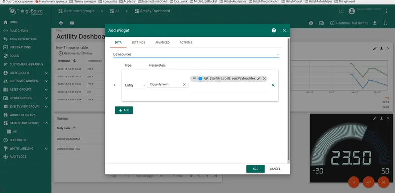 Input widget with a downlink payload value entered