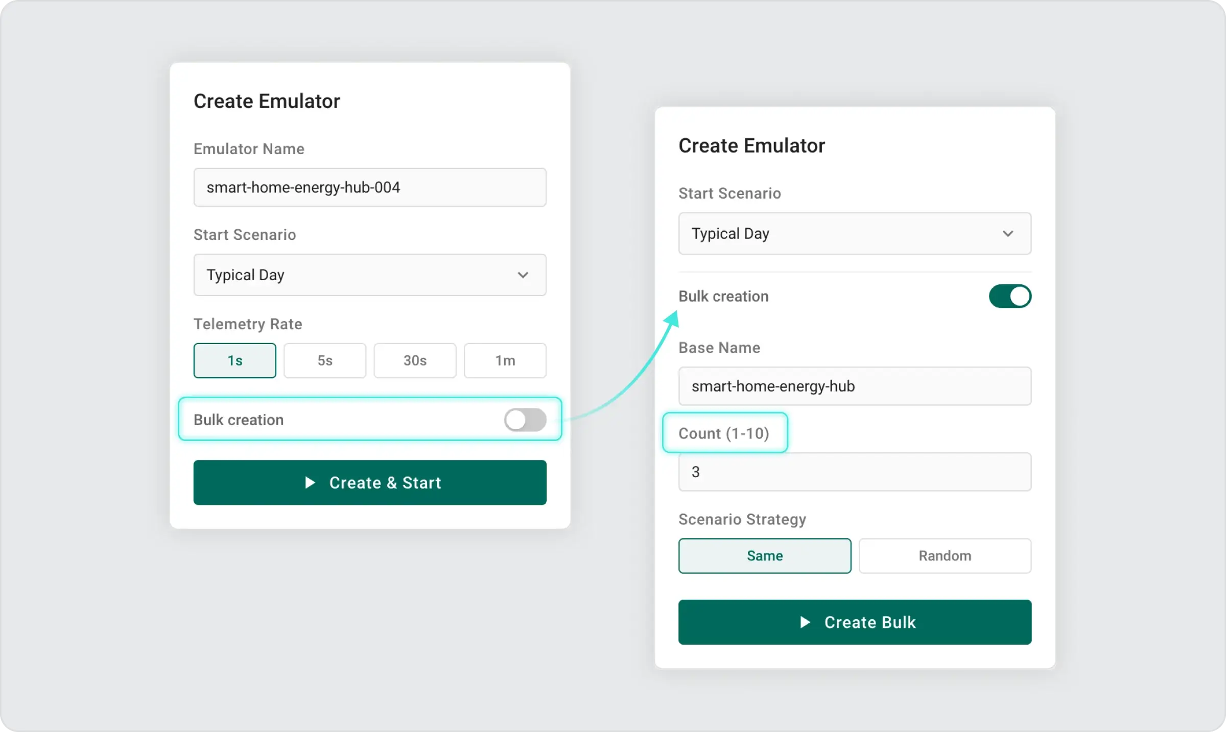 Bulk-creating multiple emulated devices at once