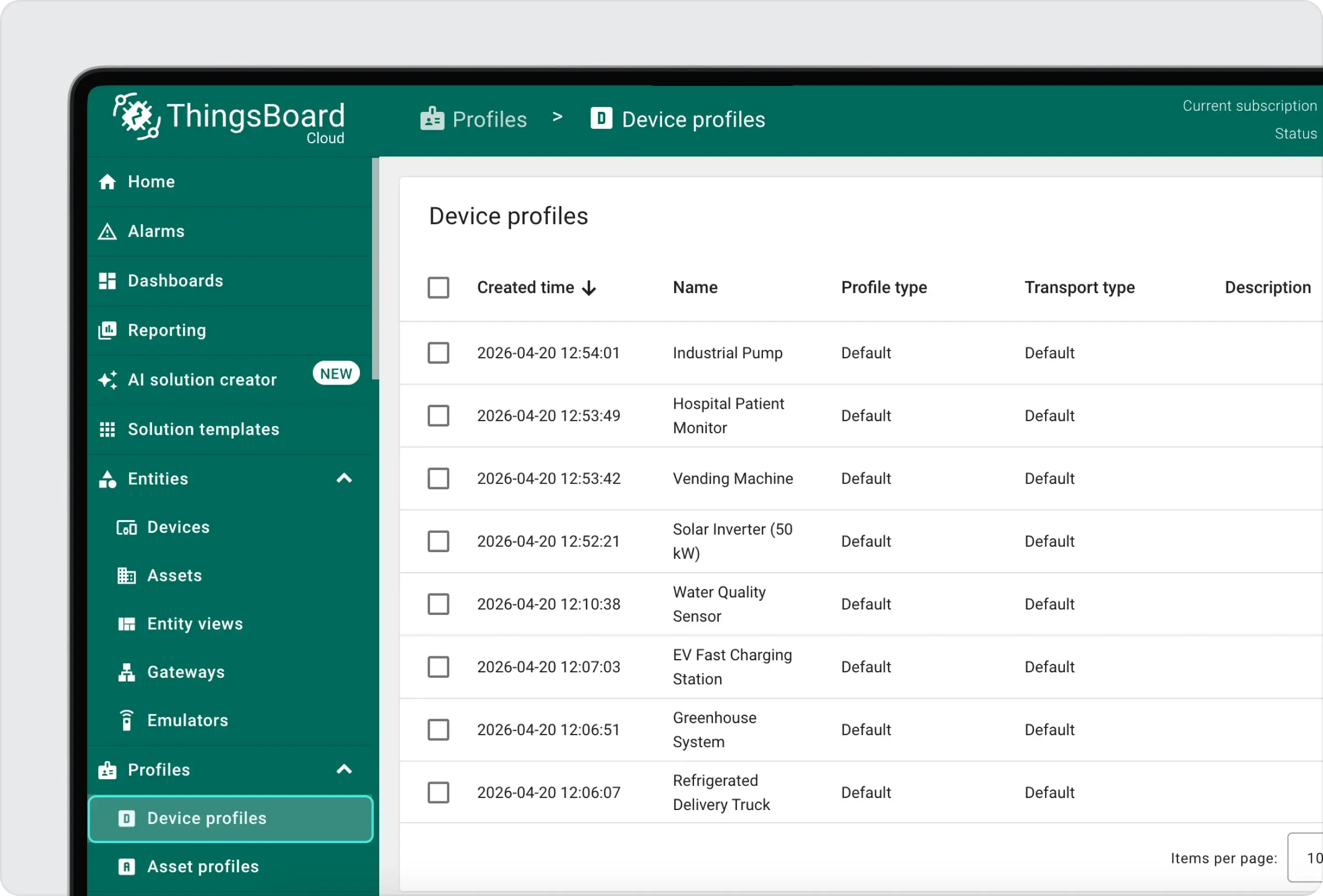 Device profile configuration for emulator in ThingsBoard