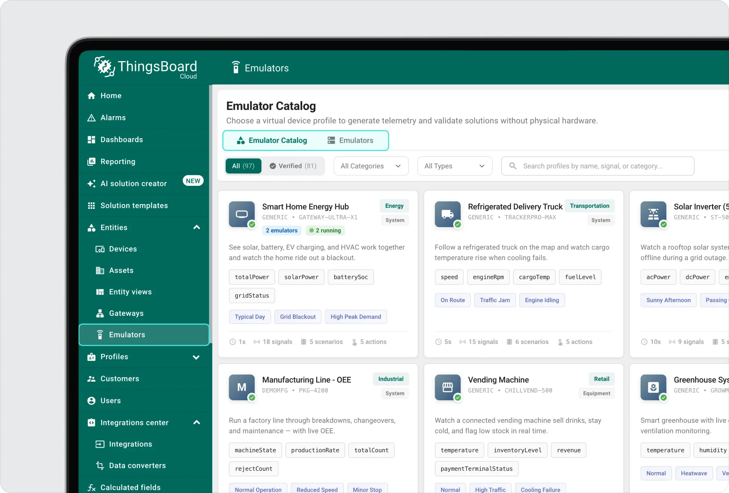 Opening the emulators section in ThingsBoard