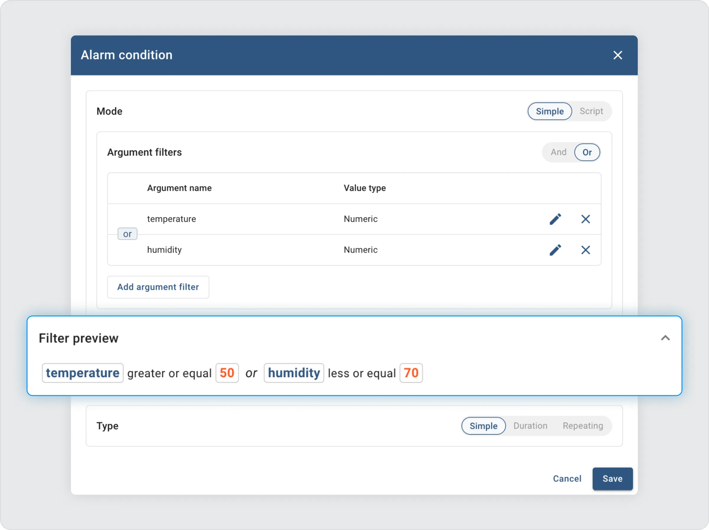 New alarm rules condition setup in ThingsBoard 4.3